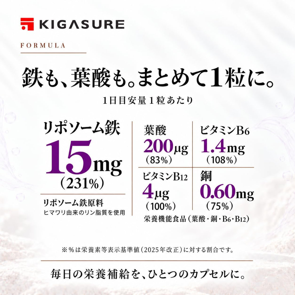 リポソーム 鉄分 サプリ 60粒 ｜鉄 15mg 葉酸 200μg ビタミンB6 1.4mg B12 4.0μg 銅 0.6mg