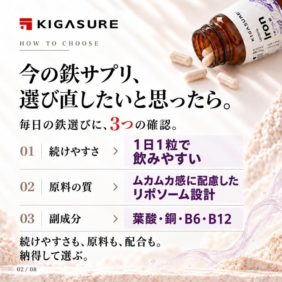 リポソーム 鉄分 サプリ 60粒 ｜鉄 15mg 葉酸 200μg ビタミンB6 1.4mg B12 4.0μg 銅 0.6mg