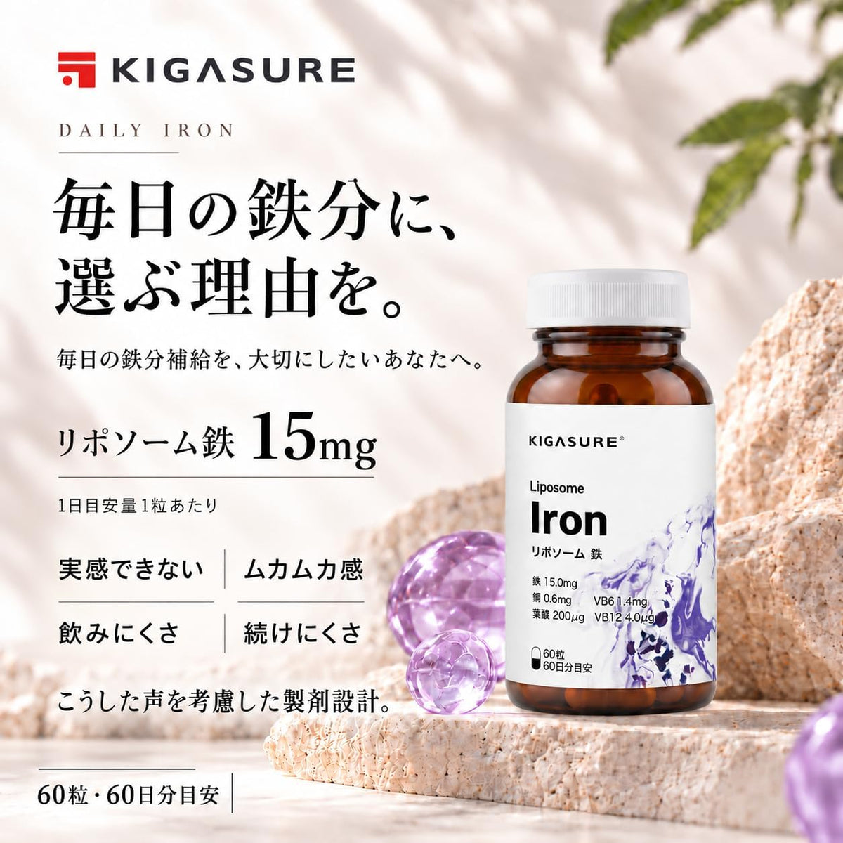 リポソーム 鉄分 サプリ 60粒 ｜鉄 15mg 葉酸 200μg ビタミンB6 1.4mg B12 4.0μg 銅 0.6mg
