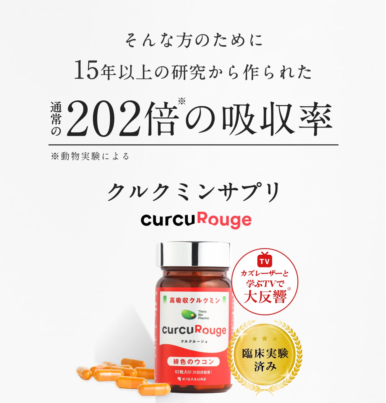 そんな方のために15年以上の研究から作られた通常の202倍の吸収率クルクミンサプリ「クルクルージュ」