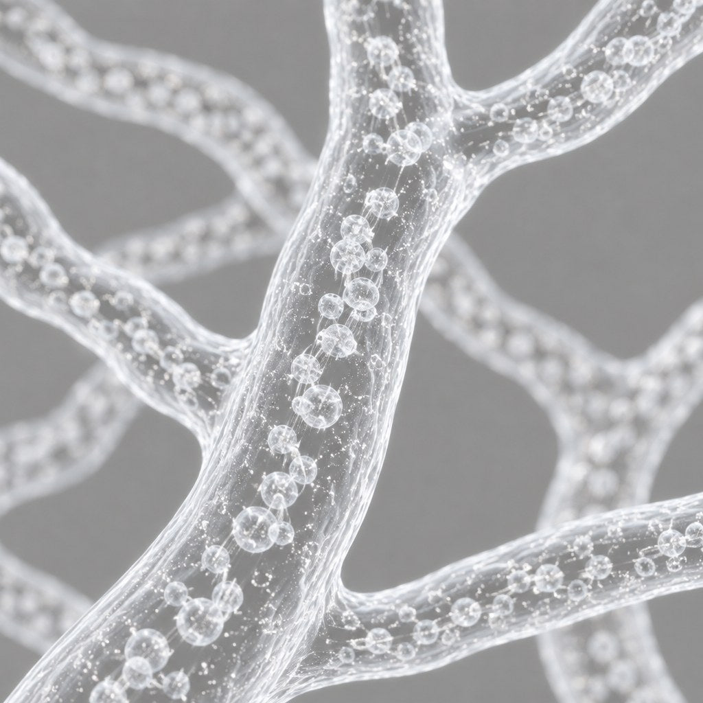 灰色の背景に、透明な管が枝分かれし、その中を小さな粒が流れている